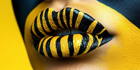 A woman's lips are painted with black and yellow stripes