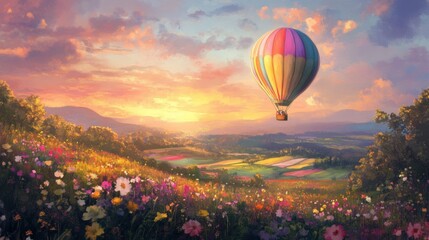 Naklejka premium A rainbow-colored hot air balloon gently floats above a serene countryside, surrounded by blooming fields. The soft sunset casts a dreamy glow over this enchanting landscape, inviting adventure.