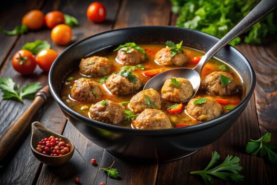 Surreal Meatball Soup Experience: A Black Bowl of Flavorful European Delights from Spain, Sweden, and Turkey with Kyufta and Faggots in a Dreamlike Setting