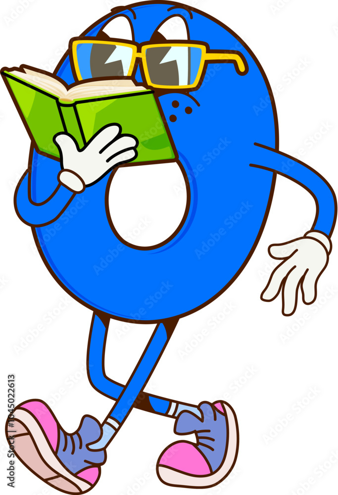 Aufkleber cartoon math number zero groovy character reading textbook. isolated vector funny school numeral 0 p