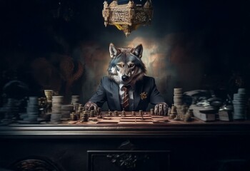 A wolf in a suit plays chess with stacks of gold coins in front of him and a crown above.