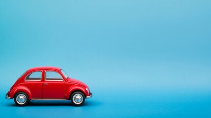 A red toy car is sitting against a blue background. We can only see the back of the car.