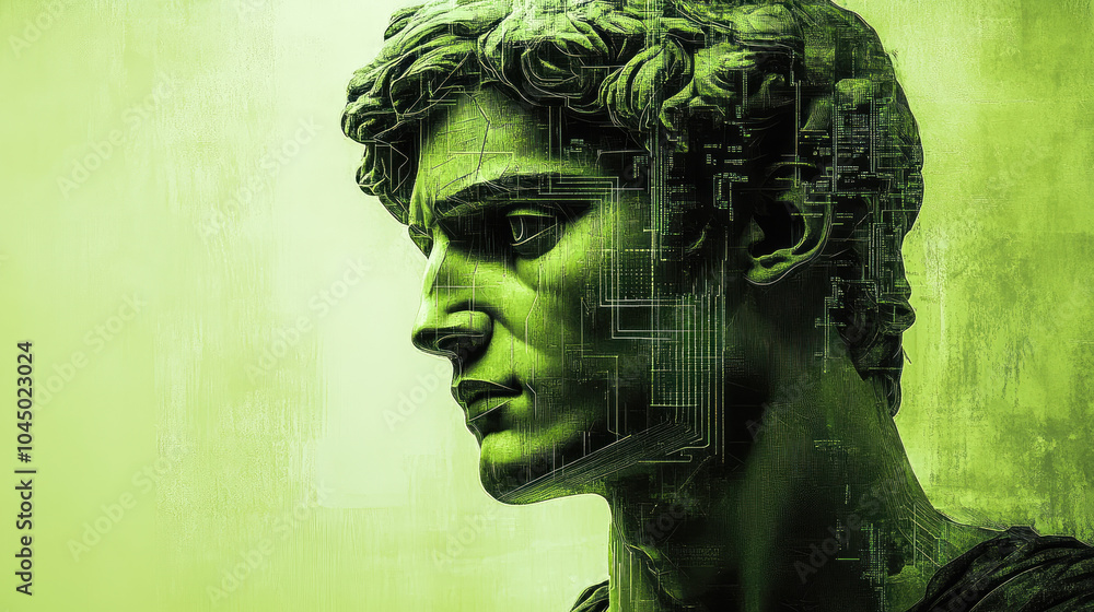 Poster a side view of a digital sculpture depicting a male face with green hues and circuit-like patterns, 