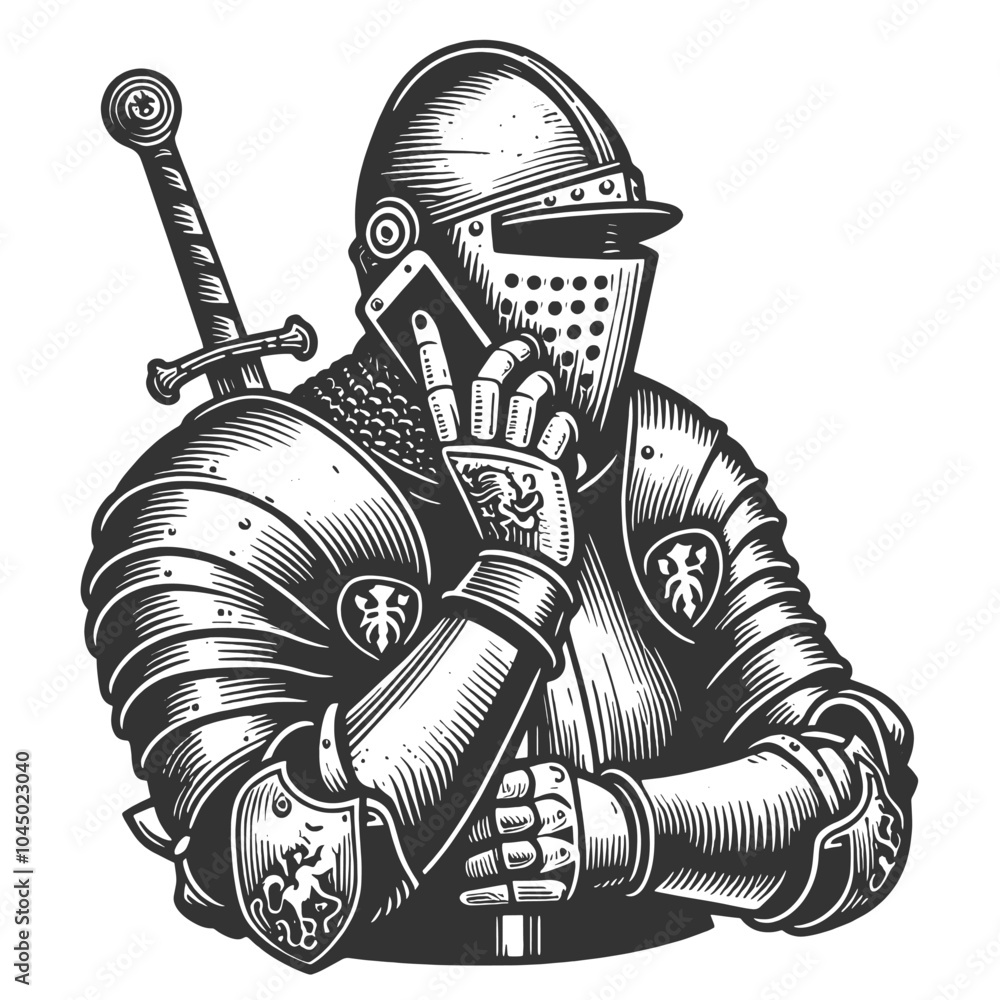 Poster medieval knight in full armor talking on a smartphone, merging historical and modern elements sketch