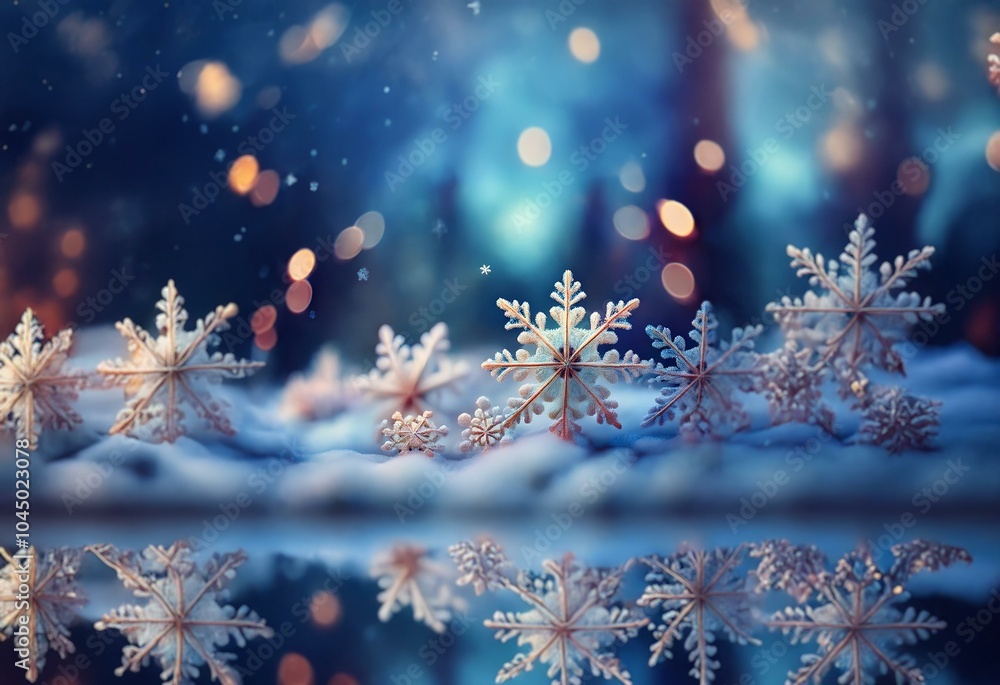 Poster snowflakes glisten on a snowy surface with a blurred forest background and bokeh lights.