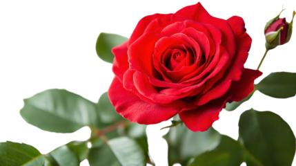 A vivid red rose blooms gracefully, showcasing its stunning petals against a soft background