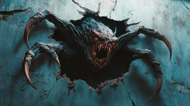 A scary creature with sharp claws rips a hole in the wall behind it.