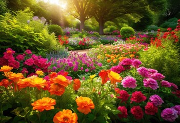 Obraz premium lively flower beds featuring colorful blooms creative plant arrangements blending harmony nature, botanical, decor, design, display, environment, fauna