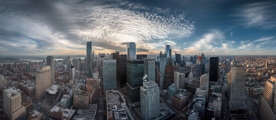 Fototapeta premium Panoramic view of a cityscape with skyscrapers and clouds.
