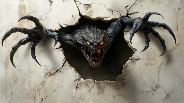 A scary creature with sharp claws rips a hole in the wall behind it.