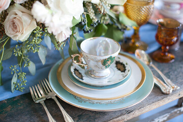 Blue China Teacup Plate Setting, Party Planning Decor Ideas, Vintage Tea Cup, Rustic Chic...