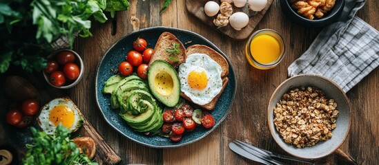 Healthy breakfast with toast, avocado, eggs, tomatoes, and orange juice.