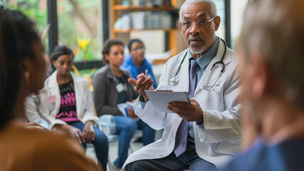 A doctor conducting a health seminar at a community center