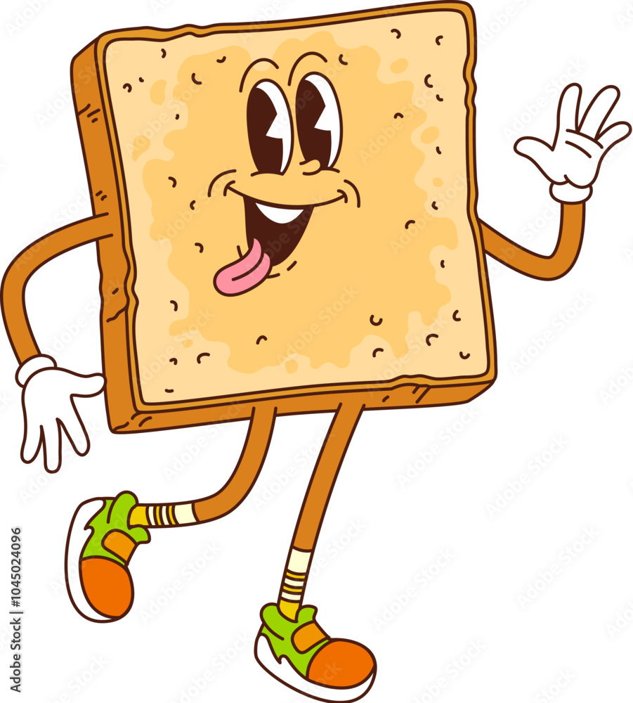 Aufkleber cartoon retro groovy toast character. isolated vector quirky slice of bread waving hand with a beami