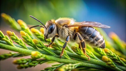 Small Andrena bee resting on cedar tree in early spring morning