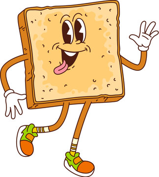 Naklejki Cartoon retro groovy toast character. Isolated vector quirky slice of bread waving hand with a beaming smile and sticking tongue. Happy breakfast food personage in stylish shoes, oozing hippie vibes
