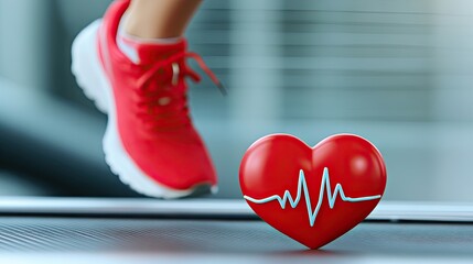 Heart rate monitoring during treadmill running with an electrocardiogram close-up and a red heart sign against a white background