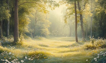 Forest clearing with wildflowers and dappled sunlight.