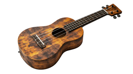 Obraz premium A beautifully crafted vintage ukulele resting on a wooden surface in soft natural light