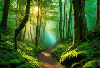 Obraz premium serene misty forest path illuminated dappled inviting tranquility, branch, tree, leaf, trail, sunlight, shadow, nature, wood, green, ground, breeze