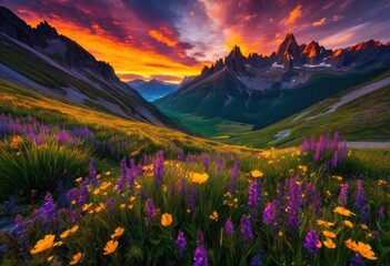 Obraz premium breathtaking vibrant mountain sunrise illuminates dewy landscape rich colors stunning natural beauty, nature, light, sky, scenery, view, horizon, clouds