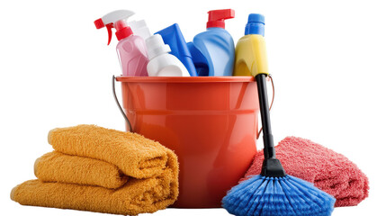 Cleaning essentials in a vibrant bucket with towels and a scrub brush on display