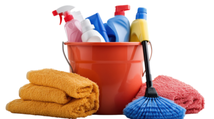 Cleaning essentials in a vibrant bucket with towels and a scrub brush on display