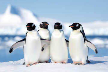 Obraz premium A group of four penguins huddled together on a snow-covered landscape in Antarctica