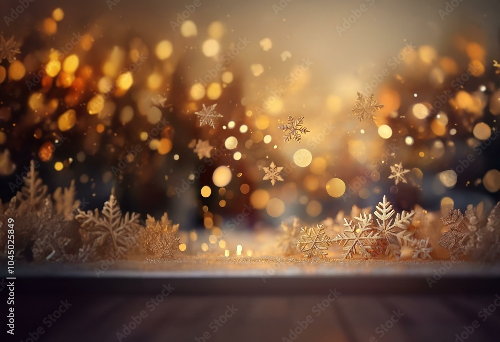 Aufkleber a blurred background with sparkling lights and snowflakes. a wooden surface in the foreground sugges
