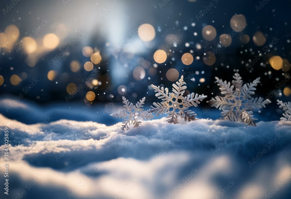 Aufkleber A winter scene with snowflakes resting on fresh fallen snow with a warm glow in the background.