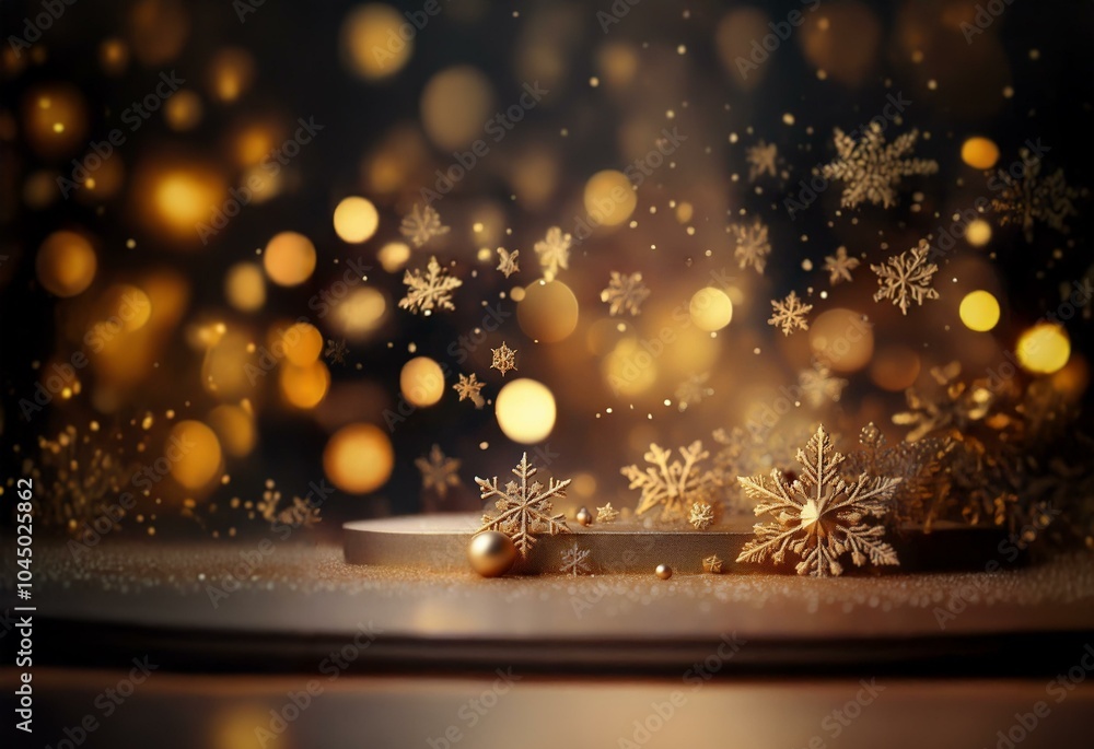 Aufkleber A white platform sits in front of a bokeh background of warm golden lights with gold snowflakes falling around it.