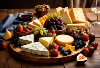 close view vibrant platter featuring assorted cheeses colorful fruits perfect entertaining culinary delights, gourmet, snack, artisanal, dairy, variety