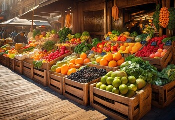 vibrant fresh produce display colorful detailed labels showcasing fruits vegetables market setting, bounty, assorted, variety, selection, marketplace