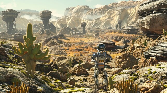Astronaut Exploring Alien Desert Landscape