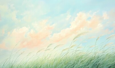 Fototapeta premium Grass blowing in the wind against a pastel sky.