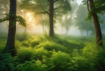 Obraz premium enchanting early morning mist surrounded lush green trees serene forest landscape filled ethereal light, fog, haze, dawn, woodland, nature, atmosphere, beauty
