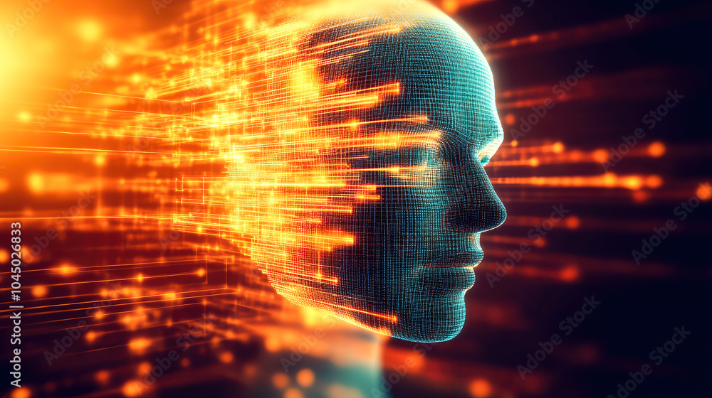 Poster an abstract digital head made of glowing data streams traveling horizontally, illustrating the conce
