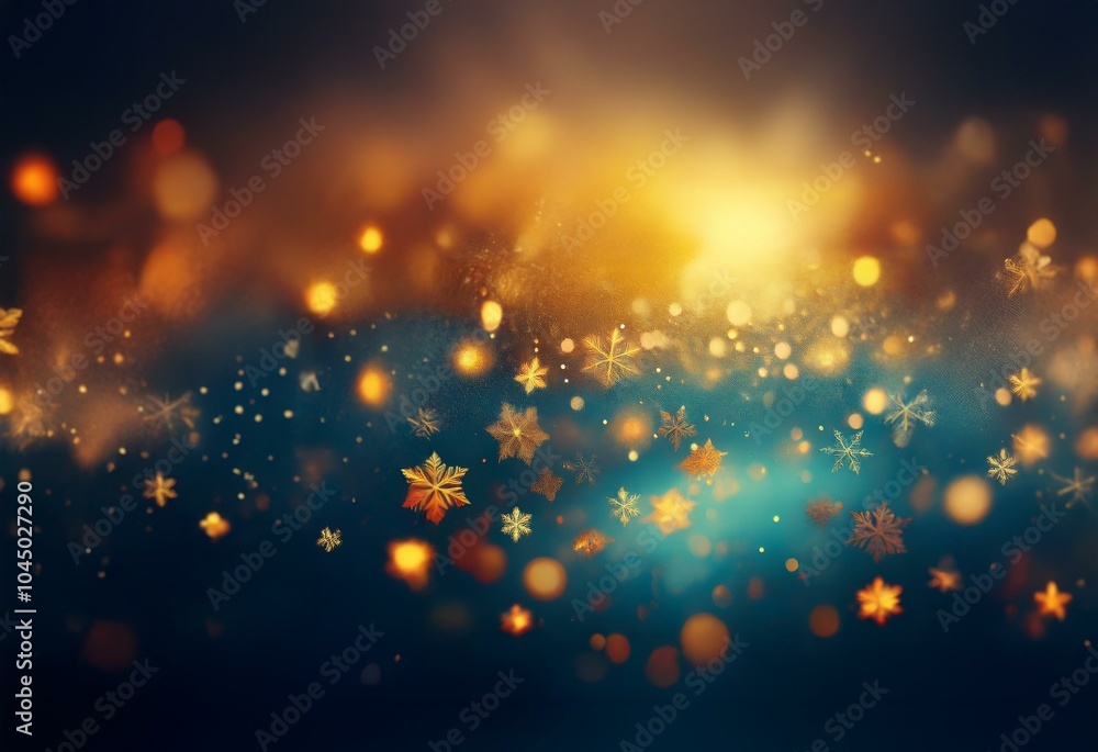 Poster abstract background with golden bokeh and snowflakes on a dark blue background.