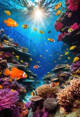 Obraz premium explore vibrant coral reef scene filled colorful marine life diverse sea creatures mesmerizing underwater landscape, abundance, aquatic, world, anemone, beauty