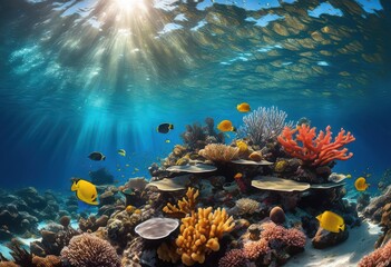 vibrant underwater ecosystem showcasing diverse array colorful marine life lush corals crystal clear ocean environment, aquatic, biodiversity, biozone, currents