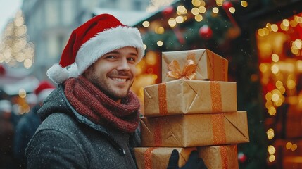 Young man in Santa hat with with a tower of gift boxes on traditional city street Christmas market. Happy man choosing Christmas gifts. Merry Xmas Happy New Year festive shopping, sales