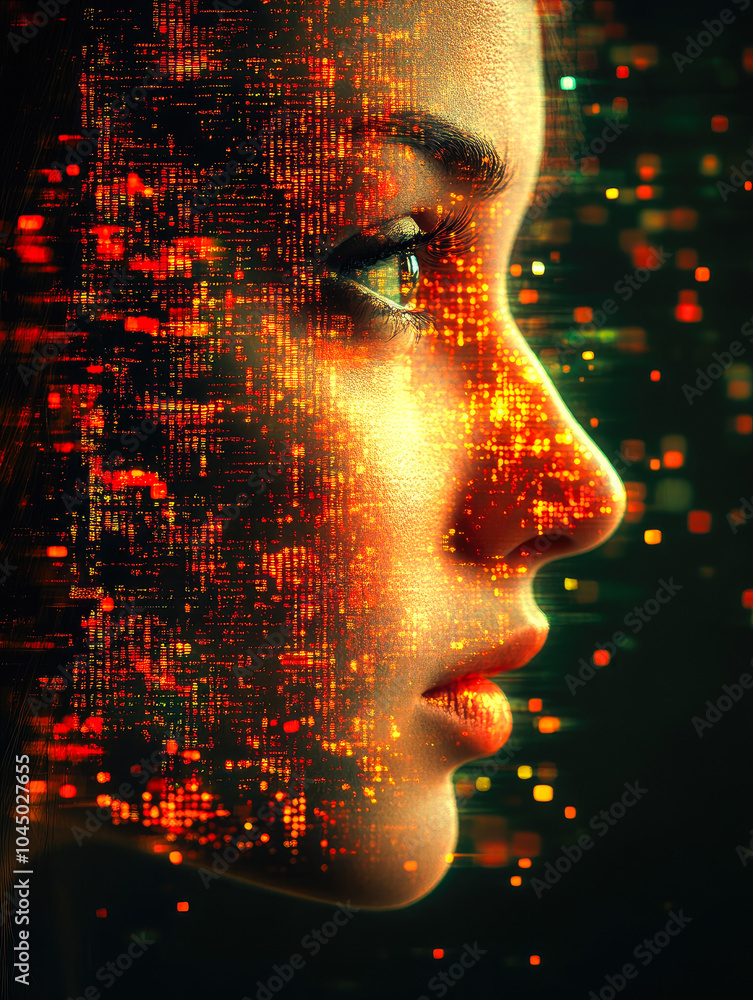 Poster a digital portrait emphasizing facial features with overlays of warm, glowing data points flowing ac