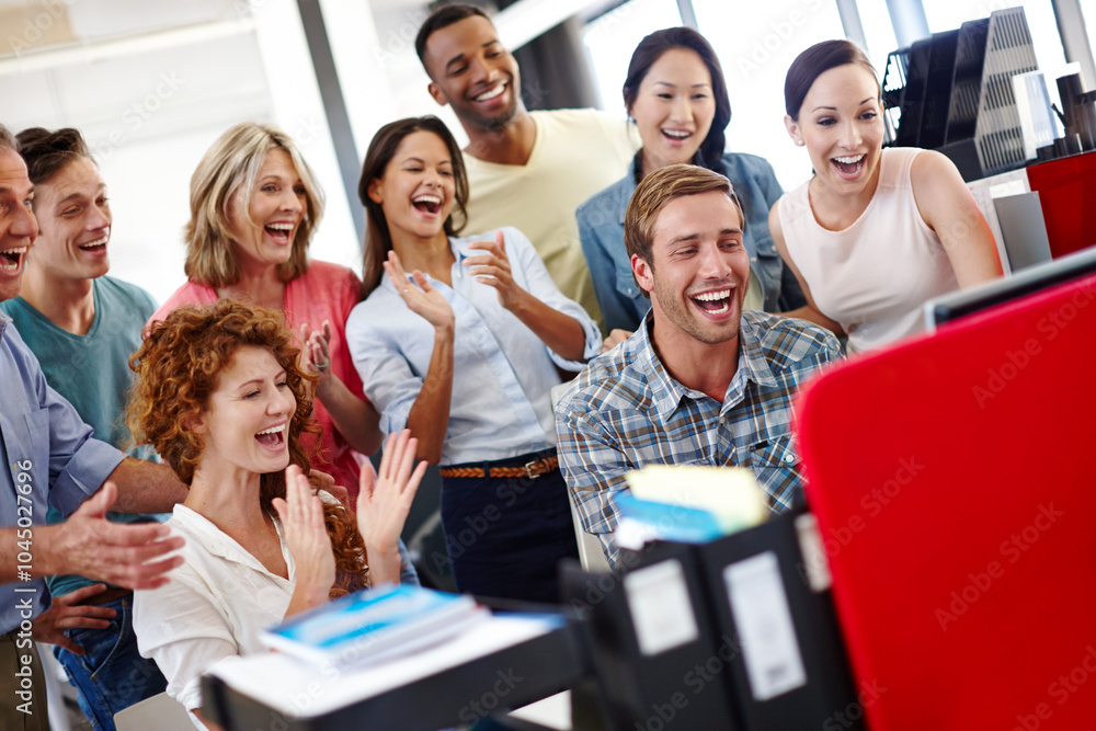 Poster man, group and applause with computer in office for goals, success and celebration at media company.
