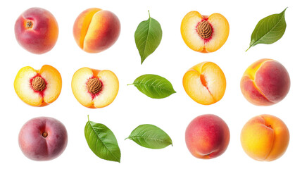 A vibrant arrangement of fresh peaches and their delightful slices on a white background