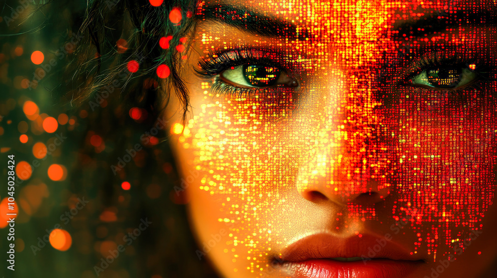 Poster a vibrant digital illustration showing a close-up of a face partially illuminated with glowing effec
