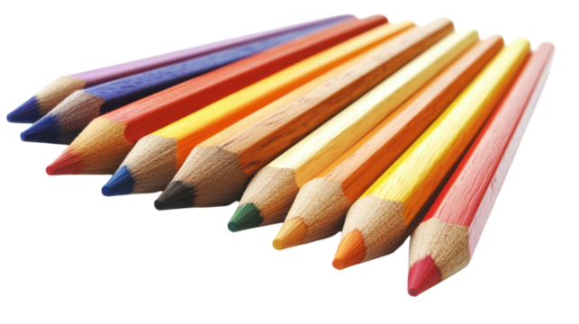 Colorful arrangement of pencils lined up in a creative display on a white background
