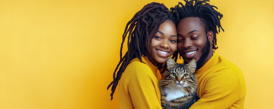 Jeune couple afro-am&eacute;ricain, amoureux, souriant, sur fond orange avec un chat adorable, image avec espace pour texte.