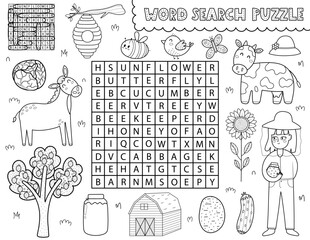 Word search puzzle with cute farm characters. Find the hidden words activity page for kids. Perfect for school and preschool. Vector illustration