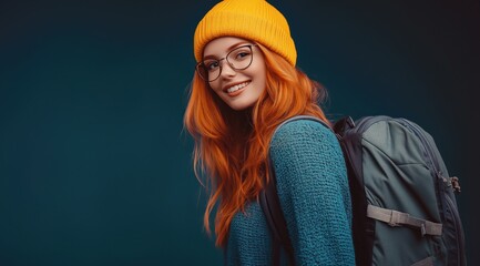 Naklejka premium Portrait d'une belle jeune fille souriante aux cheveux roux, portant un pull, un bonnet, des lunettes, et un sac à dos, sur un fond bleu foncé, image avec espace pour texte.