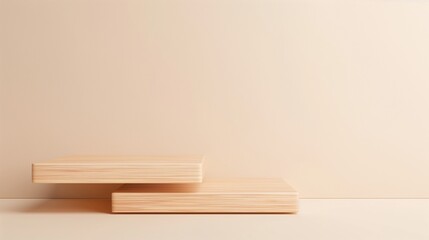 Simple wooden steps podium banner background copy space. Timber shelves by beige wall image backdrop empty. Business commerce design concept composition front view, copyspace